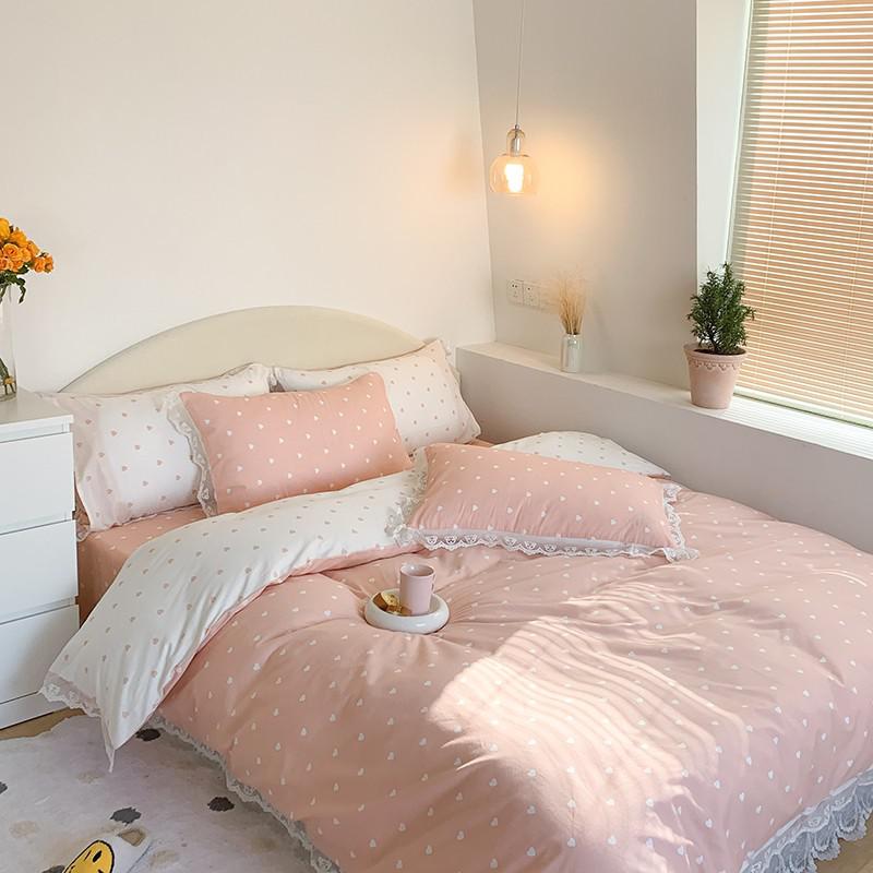 Yickyue Girls Bedding Set Reversible Gray White Heart print Duvet Cover Set 100%Cotton Lace 4Pcs Bedding Queen Twin Ultra Soft bed sheet