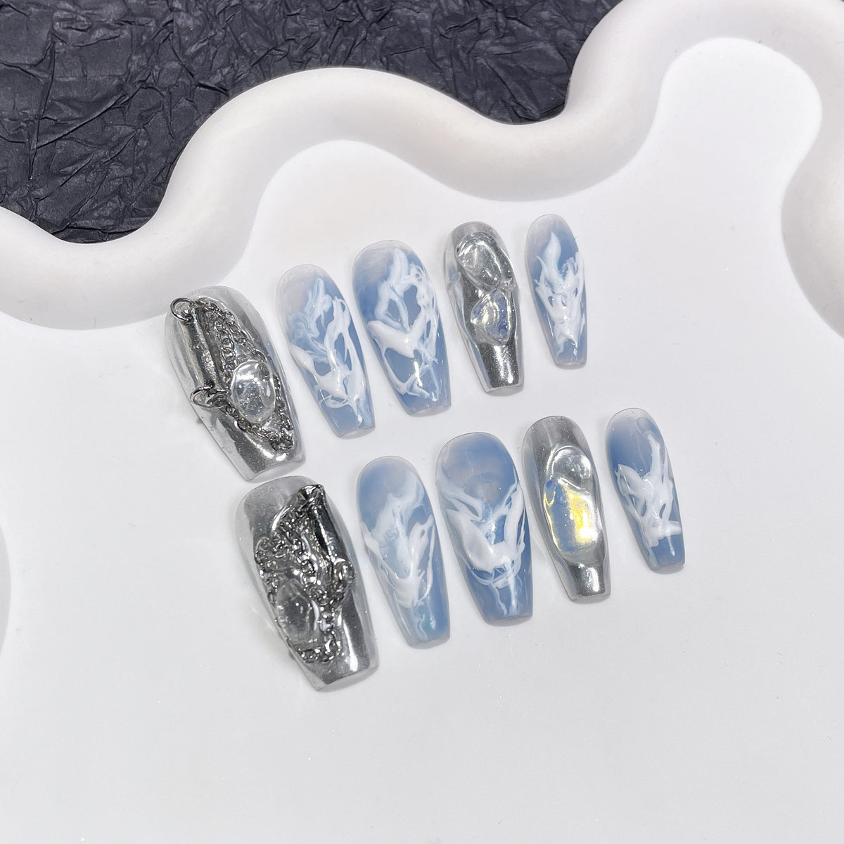 YICKYUE  -  10Pcs Handmade Press on Nails Long Ballet Blue Fake Nails with 3D Ocean Moon Rhinestone Design False Nails Full Cover Nail Tips