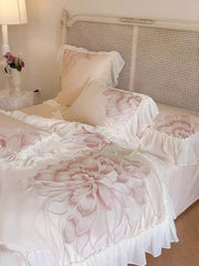 Yickyue Princess Long Stable Cotton Duvet Cover Set Four Piece Set French Flower Embroidery Quilt Cover Lace Bedding Set Bedsheets