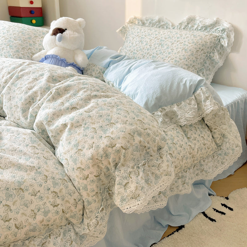 YICKYUE  -  Korean Floral Lace Ruffles Bedding Set Soft Skin Friendly 200X230cm Duvet Cover Set 1.5M/1.8M Bed Skirt Bedspread Pillowcases