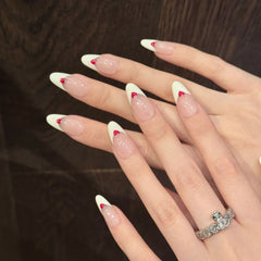 YICKYUE  -  10pcs Handmade French Press on Nails with Red Love Print False Nails Wearable Full Cover Ins Simple Almond  False Nail Tips