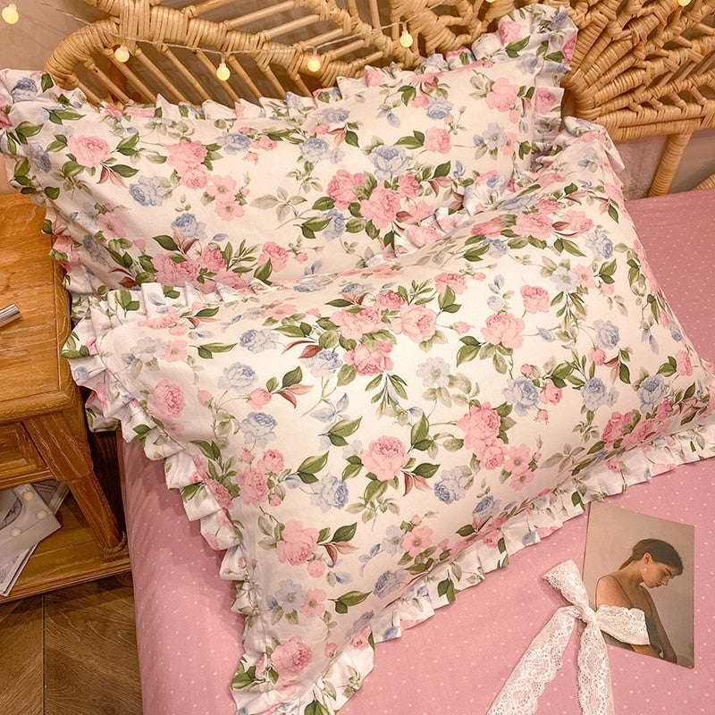 Cilected 100% Cotton Pillowcase Nordic Ins Flower Printing Lotus Leaf Lace Pillow Core Protection Cover Bedside Cushion Cover