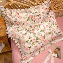 Cilected 100% Cotton Pillowcase Nordic Ins Flower Printing Lotus Leaf Lace Pillow Core Protection Cover Bedside Cushion Cover