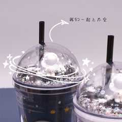 Double Layer Straw Cup,Plastic Cups with Straw and Lids, Heat Insulated Plastic Bottle Water Cup for Household Office,BPA Free