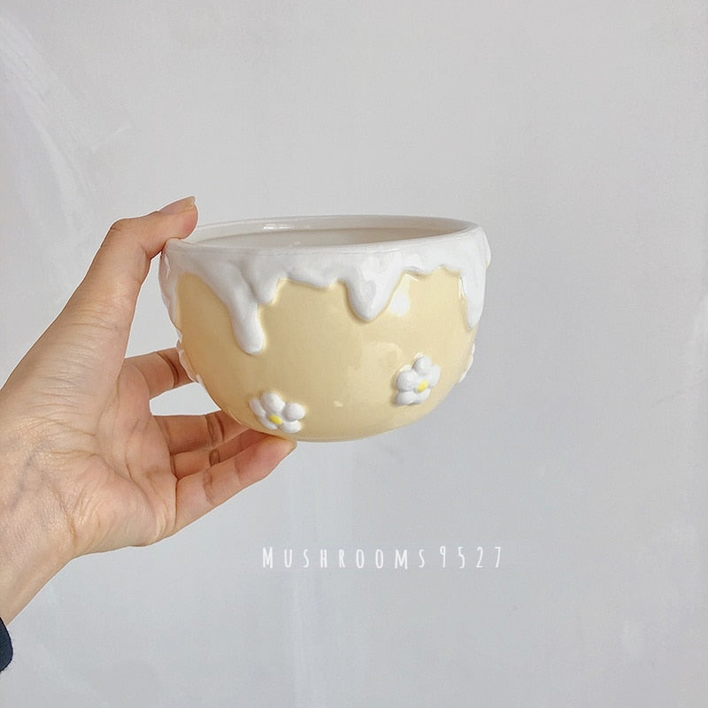 Super Cute Embossed Cream Ceramic Flower Girl Lunch and Dinner Rice Salad Bowl Cherry Bunny Hand-painted Yogurt Children's Bowl