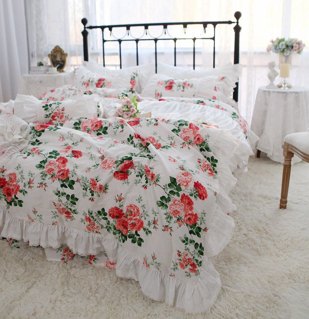 Yickyue Pastoral Red Rose Print Bedding Set Cotton Korean Style Ruffle Elegant Princess Lace Duvet Cover Bed Skirt Bedspread Pillowcases