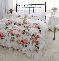 Yickyue Pastoral Red Rose Print Bedding Set Cotton Korean Style Ruffle Elegant Princess Lace Duvet Cover Bed Skirt Bedspread Pillowcases