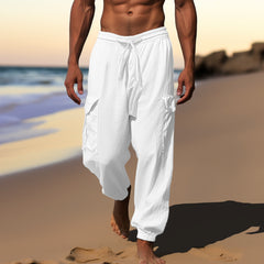 Hearujoy Multi Pocket Cotton Linen Pants For Men Lace-up Drawstring Foot Binding Long Trousers Spring Summer Sport Casual Cargo Pant