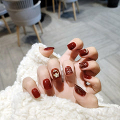 24pcs/Set Cow Square Head False Nail Tip Leopard Moon Metal Decal Short Design False Nails Girls Full Beauty Artificial Nail