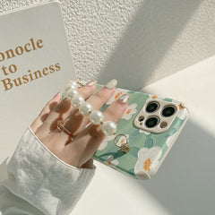 Mint Green Flower Pearl bracelet leather phone case for iphone 12 11 pro max mini 7 8 plus x xr xs max silicone cover capa