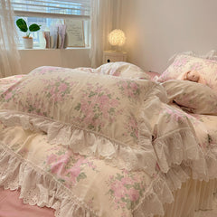 YICKYUE  -  Korean Style Lace Ruffles Pure Cotton Bedding Set Little Floral Duvet Cover Set Bed Skirt/Flat Sheet/Fitted Sheet Pillowcases
