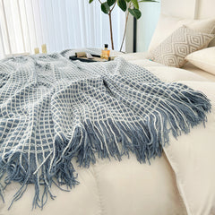 YICKYUE  -  Tassel Waffle Blanket for Beds Thread Blanket for Picnic Blue Towel Blanket for Sofa 130x170cm Blanket for Travel Plaids Sofa