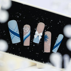 YICKYUE   -  24pcs Long Fake Nails 3D Snowflake Design Matte Blue French Press on Nails for Girls Full Cover Wearable Christmas False Nails