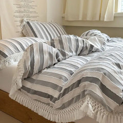 Yickyue Soft Cotton Textured Duvet Cover Set with Tassel Fringe Boho Chic Bedding sets Twin Queen Comforter Cover Bed Sheet Pillowcases