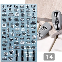 Heart Leaf Design 3D Nail Sticker Black White Transfer Stickers for Nails Sexy Girl Face Self-adhensive Slider Tip Abstract Wrap