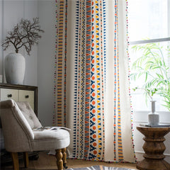 1.5M Width Cotton Linen Printed Curtain Household Living Room Kitchen Bohemia Tassel Window Half  Blackout Curtain
