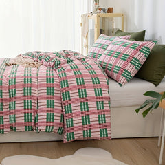 YICKYUE  -  Pink Gingham Grid Duvet Cover Set Twin Plaid Boho Comforter Cover Blue Yellow and 2 Standard Pillow Cases Soft Lightweight Breathable Bedding Set for Women Girls