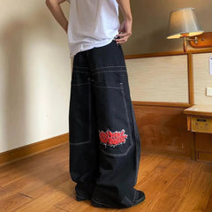 Hearujoy  Vintage Skull Print Gothic Fashion Trend Embroidery Street Y2k Casual Denim Pants Straight Wide Leg Jeans for Men Women