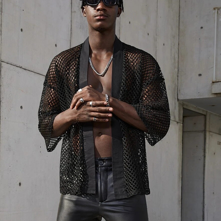Hearujoy Mesh See-through Fishnet Mens Shirt Cardigan Fashion Sexy Shawl Nightclub Wear Tops 3/4 Sleeve Camisas Streetwear For Men