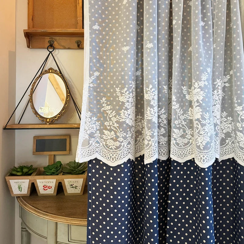 YICKYUE  -  Navy Dots Curtains with White Lace Double Layer for Cafe Kitchen Bedroom Aesthetic Living Room Decor Window Wall Home Decoration