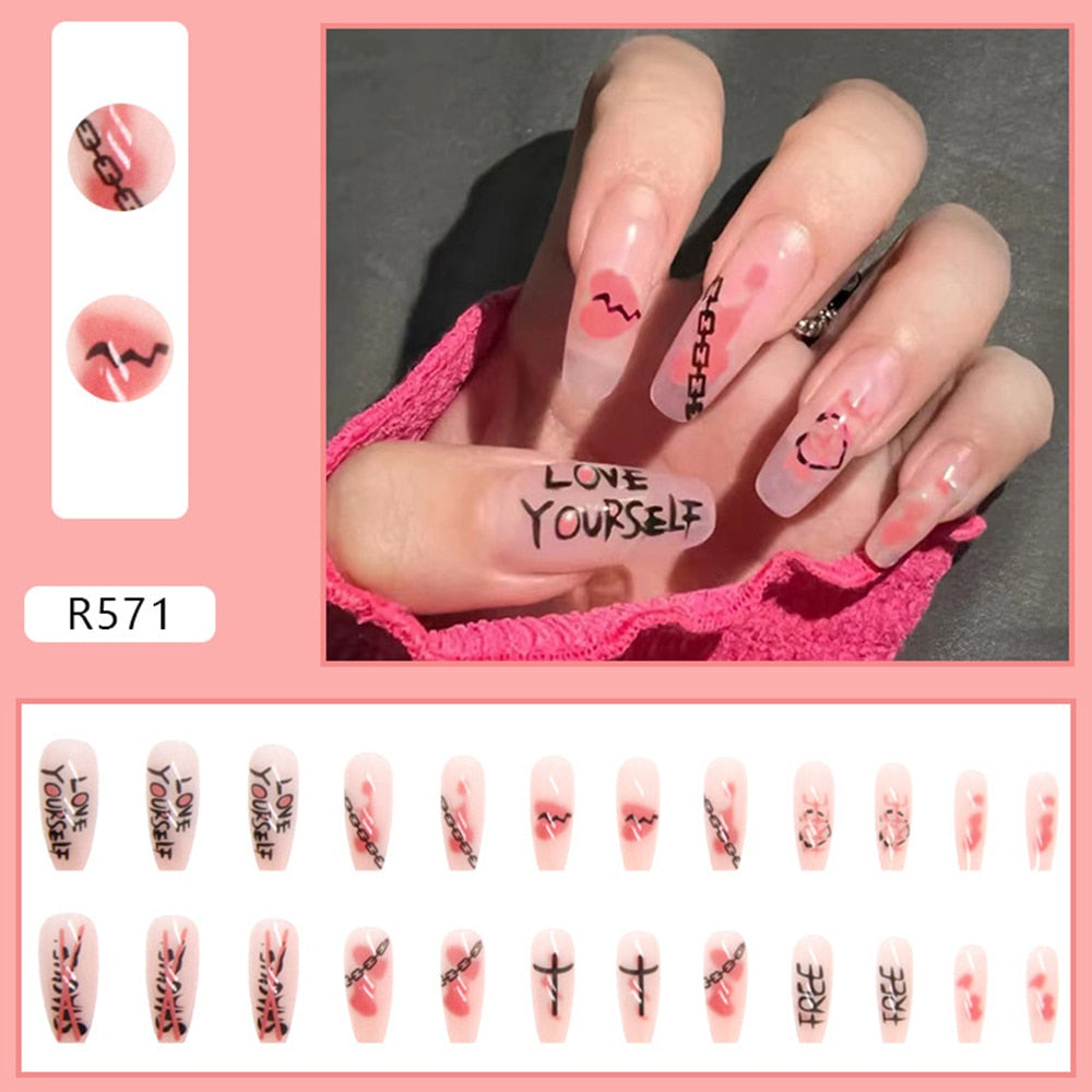 24pcs Long Coffin Head Fake Nail Tip Artificial Nail Patch Pink Color with printed Women Wearable Full Finished Press on Nails