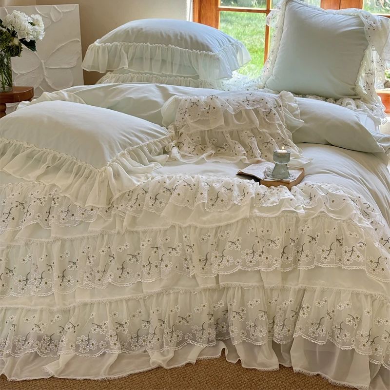 YICKYUE  -  Three-layer Floral Lace Ruffles Wedding Bedding Set 1000TC Egyptian Cotton Brushed  Duvet Cover Flat/Fitted Bed Sheet Pillowcase