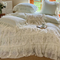 YICKYUE  -  Three-layer Floral Lace Ruffles Wedding Bedding Set 1000TC Egyptian Cotton Brushed  Duvet Cover Flat/Fitted Bed Sheet Pillowcase