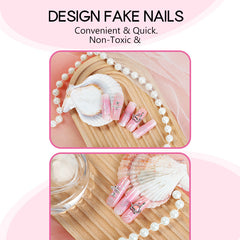 YICKYUE  -  24pcs 3D Love Fake Nail Patches Heavy Metal Pink Press on Nail Full Cover Wearable Long Ballet Coffin French False Nail Patches