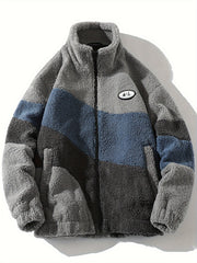 Hearujoy Warm Color Block Fleece Jacket - Men's Casual Stand Collar Zip Up Long Sleeve Outwear With Pockets For Outdoor