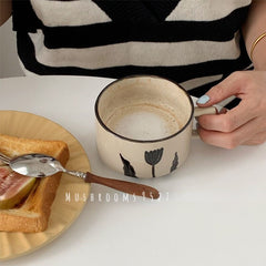 Mushrooms 9527 Japanese Retro Hand-painted Black Flower Ceramic Mug Square Handle Coffee Mug Breakfast Milk Cup Tableware