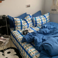 YICKYUE  -  INS Simple Style Check White And Blue Stripe Duvet Cover Set Bed Sheet Set Washed Cotton Bedding Set