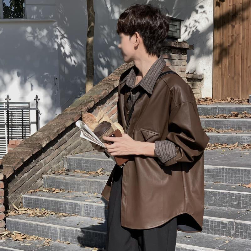Hearujoy Korean Retro Leather Coat For Men Advanced Vintage Brown Leather Shirt Top Spring Autumn Trendy Long Sleeve PU Jacket Streetwear