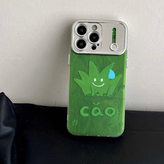 YICKYUE  -  Green Cartoon Grass Shell For Iphone 13 14Pro 14 15 12 Pro Max 15Pro Beautiful Chinese Language Funny 3D Plating Phone Case
