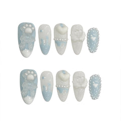 YICKYUE  -  Handmade Press on Nails with Cute Bear Paw Design Light Blue Fake Nails Full Cover Wearable Sweet Korean Almond False Nail Tips