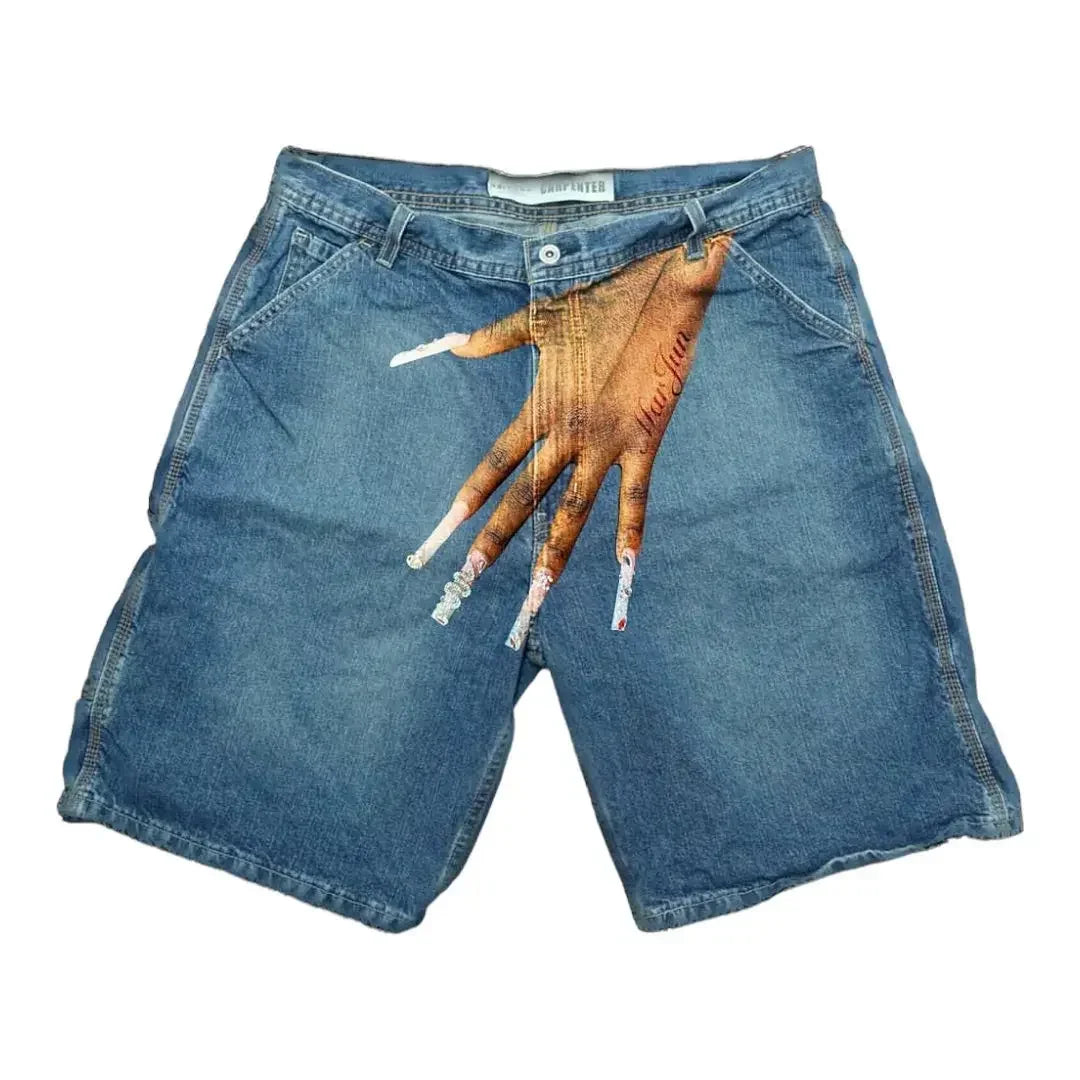 Hearujoy  90s Streetwear Gothic Finger Hip Hop Graphic Print Denim Shorts Y2k Retro Blue Baggy Gym Shorts Fashion Streetwear Jorts Men Basketball Shorts