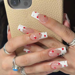 YICKYUE  -  Hot New Women Girls 24Pcs Long Square Red French White Border Heart Full Coverage Wearable Fake Nail Press on Nail Art