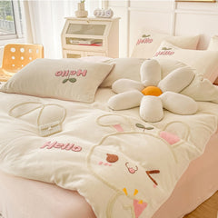 Yickyue Cute Bed Linens Set Winter Thickened Warm Plush Duvet Cover Sheet Pillowcase 4pcs Luxury Bedding Set Kid Christmas New Year Gift