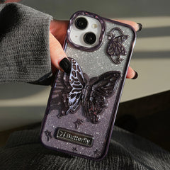 YICKYUE  -  Electroplated Butterfly Bracket Phone Case For iPhone 16 15 14 13 12 11 Pro Max Glitter Powder Card Shockproof Cover