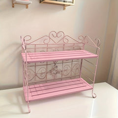 YICKYUE  1pc Pink 2-Tier Foldable Metal & Wood Storage Rack ¨C Elegant Countop Organizer for Bedroom, Kitchen, Bathroom, Living Room, or Garden Decor, Living Room Storage, Utility Racks