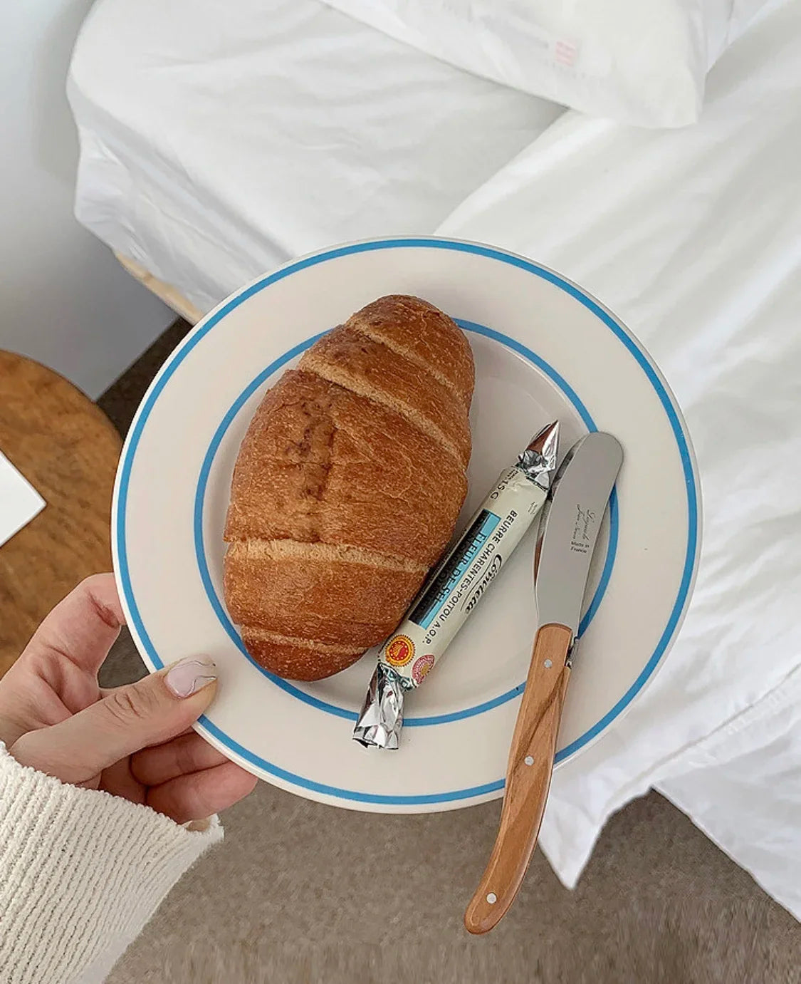 YICKYUE  -  Korean simple plate light blue line breakfast salad plate blue dessert plate summer oblique decoration