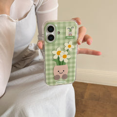 YICKYUE  -  Korean ins Green Grid Patterned Potted Plant Flowers Phone Case for iPhone 16 15 14 13 Pro Max Back Cover Fund