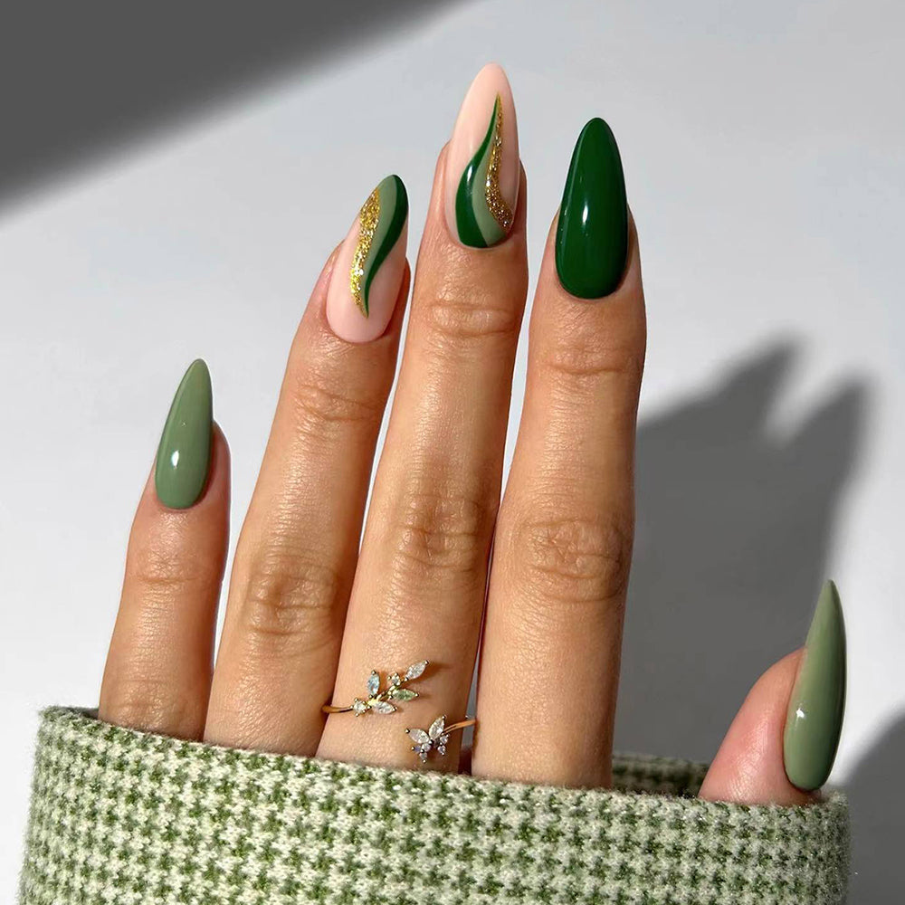 YICKYUE  -  24pcs/ set short almond nail main color blue-green leaf wave press nail nail nail patch Fake nail wear nail suitable for women