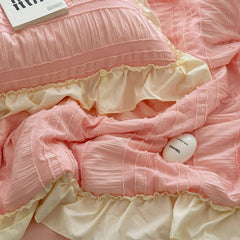 YICKYUE  -  1/3Pc Pink Korean Style Princess Lace Ruffle Soft Brushed Seersucker Summer Quilt Single Double Quilted Summer Comforter Blanket