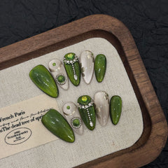 YICKYUE  -  10pcs Luxury Handmade French Almond Press On Nails Dark Green Cat's Eye Design Fake Nails Rhinestone Decor Wearable False Nail