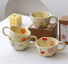YICKYUE  -  Ceramic Mugs Coffee Cups Hand Pinched Irregular Flower Milk Tea Cup Ins Korean Style Oatmeal Breakfast Mug Drinkware Kitchen