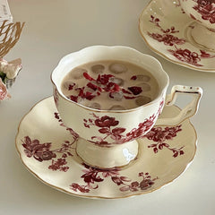 YICKYUE   -  French Red Flower Bone Porcelain Coffee Cup with High Grade Retro Flower British Afternoon Tea Cup Plate Gift