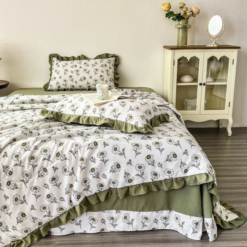 Yickyue Retro Double-Layer Yarn Cotton Linen Quilt Four-Piece Lace Cotton Linen Summer Cooling Quilt Washable Air Conditioning Quilt
