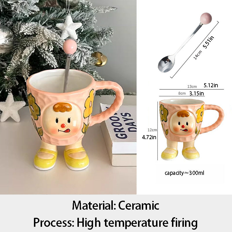 YICKYUE  -  Korean Cute Cartoon Style High Temperature Firing Ceramics Coffee Mug With Handle Underglaze Handmade Painting Afternoon Tea