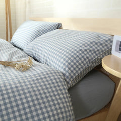 YICKYUE  -  100% Cotton Simple Elegant 4pcs Vintage style Blue Plaid duvet cover set with fitted sheet queen king size bedding sets