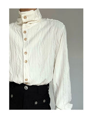 Hearujoy Wrinkle Texture Sensation Shirts For Men Stand Collar Long Sleeve Loose Top Spring Autumn Vintage French Fashion Casual Shirt